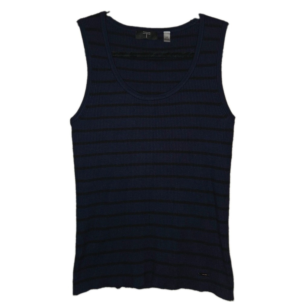 TAHARI Navy Blue & Black Striped Tank Blouse Womens Large Preppy Stretch Top